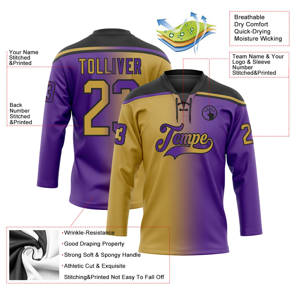 Custom Purple Old Gold-Black Gradient Fashion Hockey Lace Neck Jersey view 5