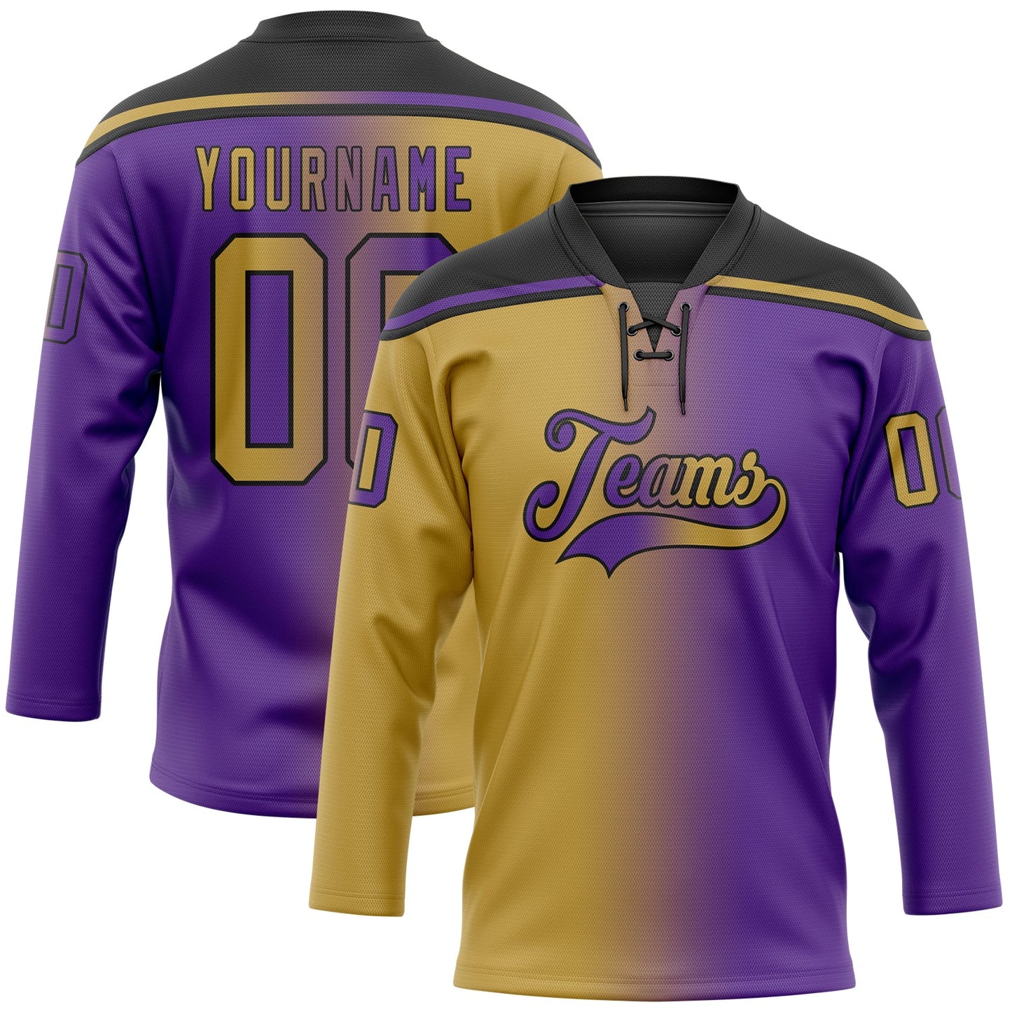 Custom Purple Old Gold-Black Gradient Fashion Hockey Lace Neck Jersey - Main View