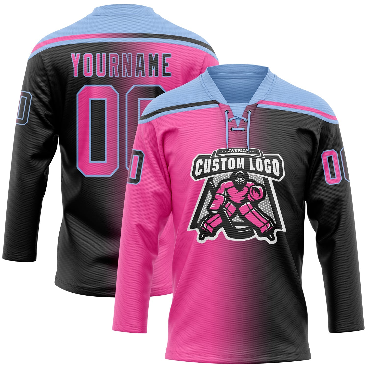 Custom Black Pink-Light Blue Gradient Fashion Hockey Lace Neck Jersey view 2