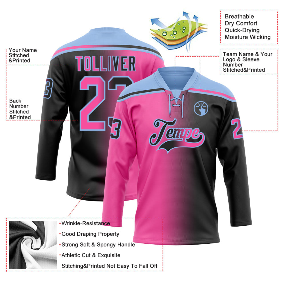 Custom Black Pink-Light Blue Gradient Fashion Hockey Lace Neck Jersey view 5