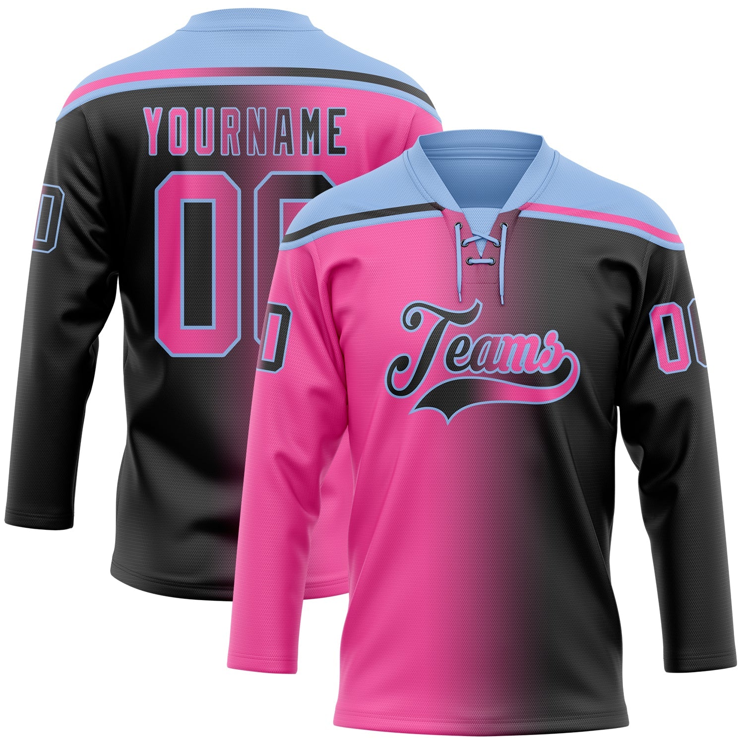 Custom Black Pink-Light Blue Gradient Fashion Hockey Lace Neck Jersey - Main View