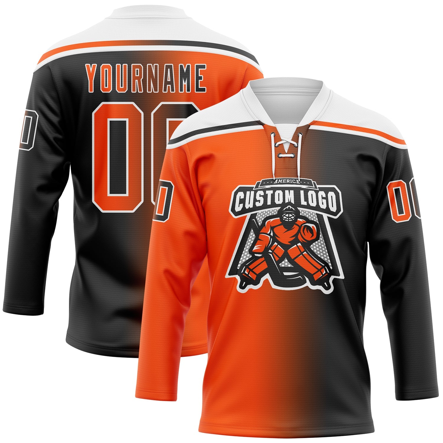 Custom Black Orange-White Gradient Fashion Hockey Lace Neck Jersey view 2