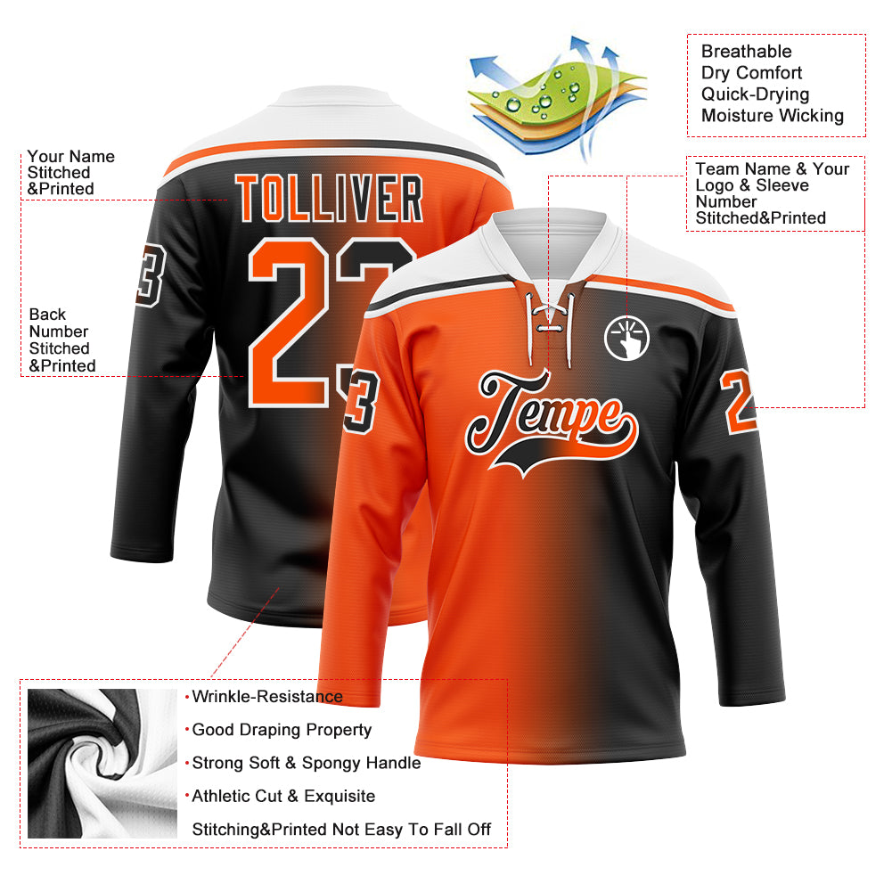 Custom Black Orange-White Gradient Fashion Hockey Lace Neck Jersey view 5