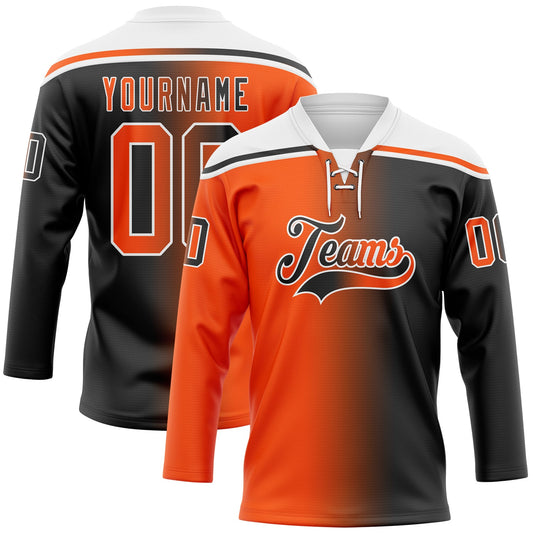 Custom Black Orange-White Gradient Fashion Hockey Lace Neck Jersey - Main View