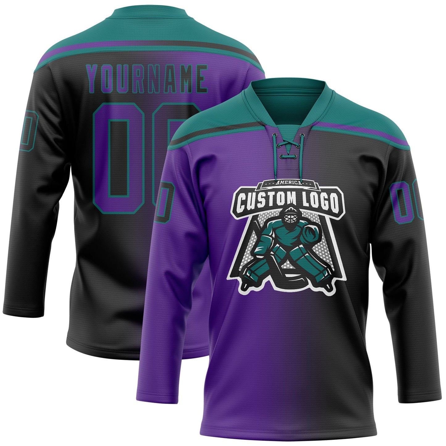 Custom Black Purple-Teal Gradient Fashion Hockey Lace Neck Jersey view 2