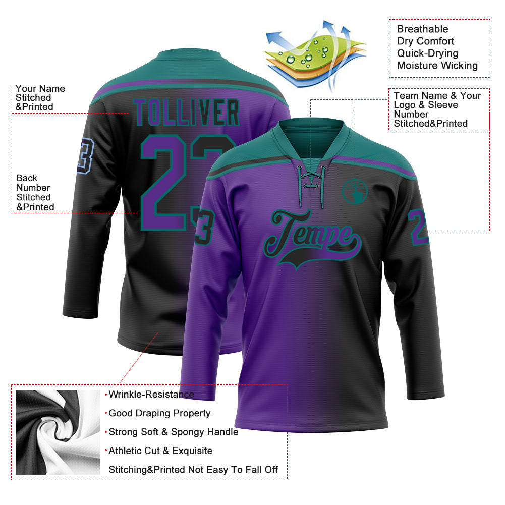 Custom Black Purple-Teal Gradient Fashion Hockey Lace Neck Jersey view 5