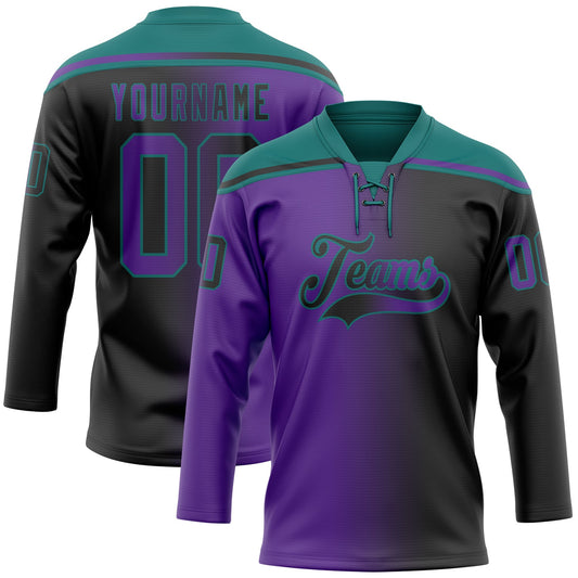 Custom Black Purple-Teal Gradient Fashion Hockey Lace Neck Jersey - Main View