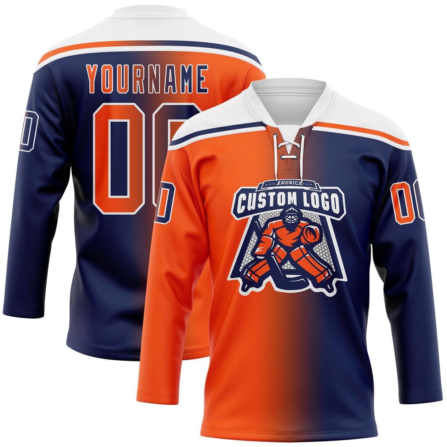 Custom Navy Orange-White Gradient Fashion Hockey Lace Neck Jersey view 2