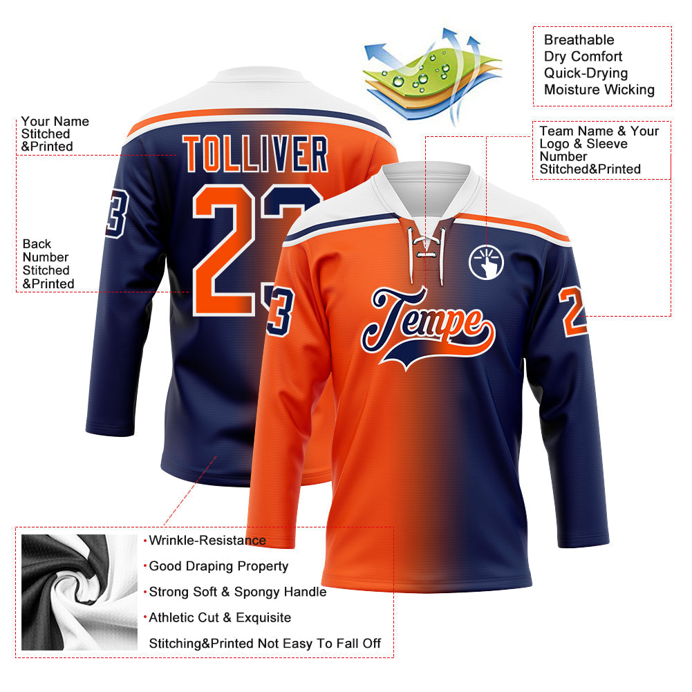 Custom Navy Orange-White Gradient Fashion Hockey Lace Neck Jersey view 5