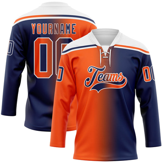 Custom Navy Orange-White Gradient Fashion Hockey Lace Neck Jersey - Main View