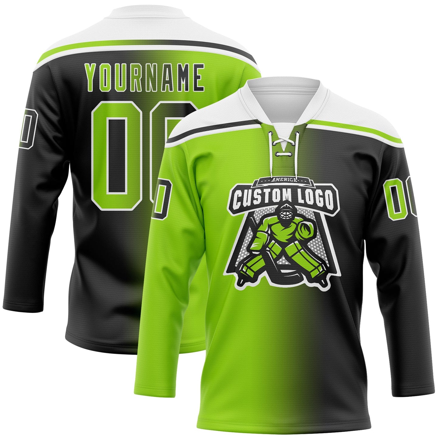 Custom Black Neon Green-White Gradient Fashion Hockey Lace Neck Jersey view 2