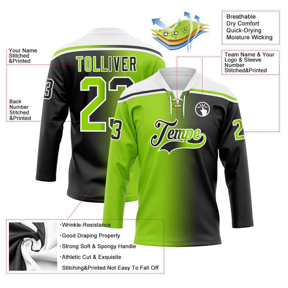 Custom Black Neon Green-White Gradient Fashion Hockey Lace Neck Jersey view 5