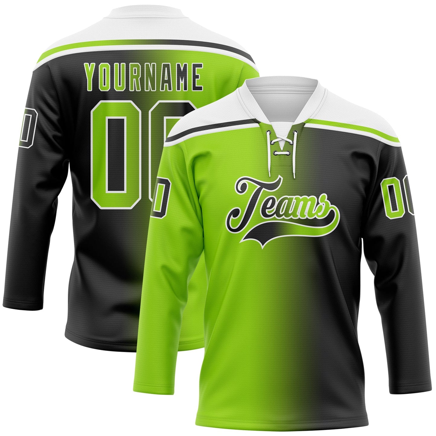Custom Black Neon Green-White Gradient Fashion Hockey Lace Neck Jersey - Main View