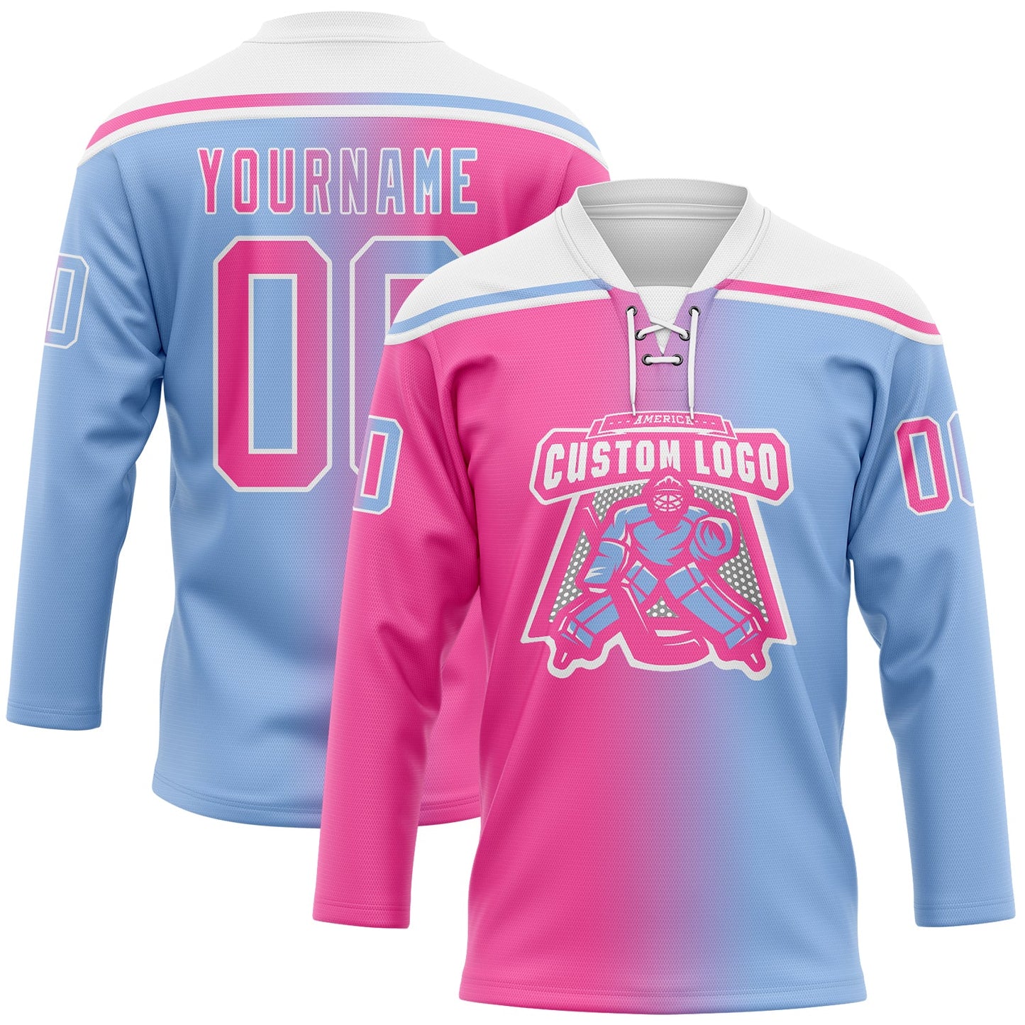 Custom Light Blue Pink-White Gradient Fashion Hockey Lace Neck Jersey view 2