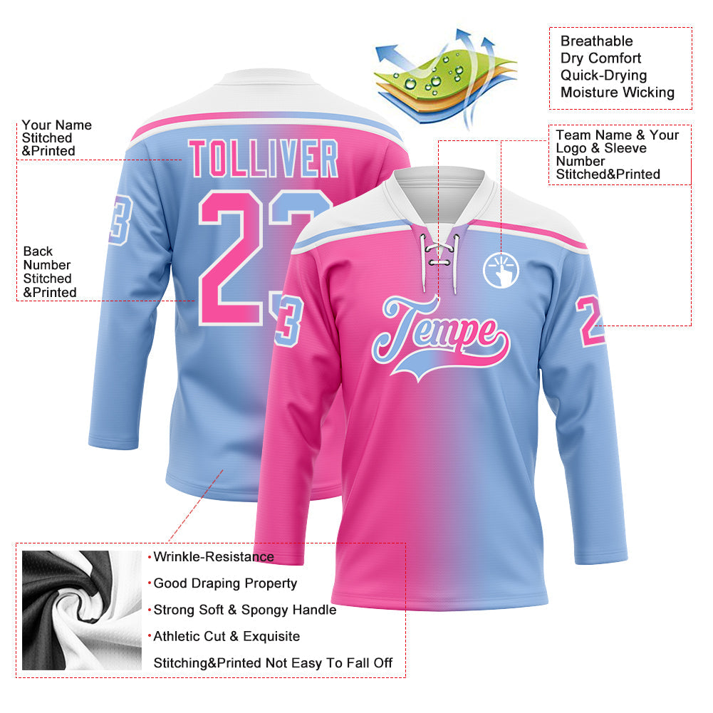Custom Light Blue Pink-White Gradient Fashion Hockey Lace Neck Jersey view 5