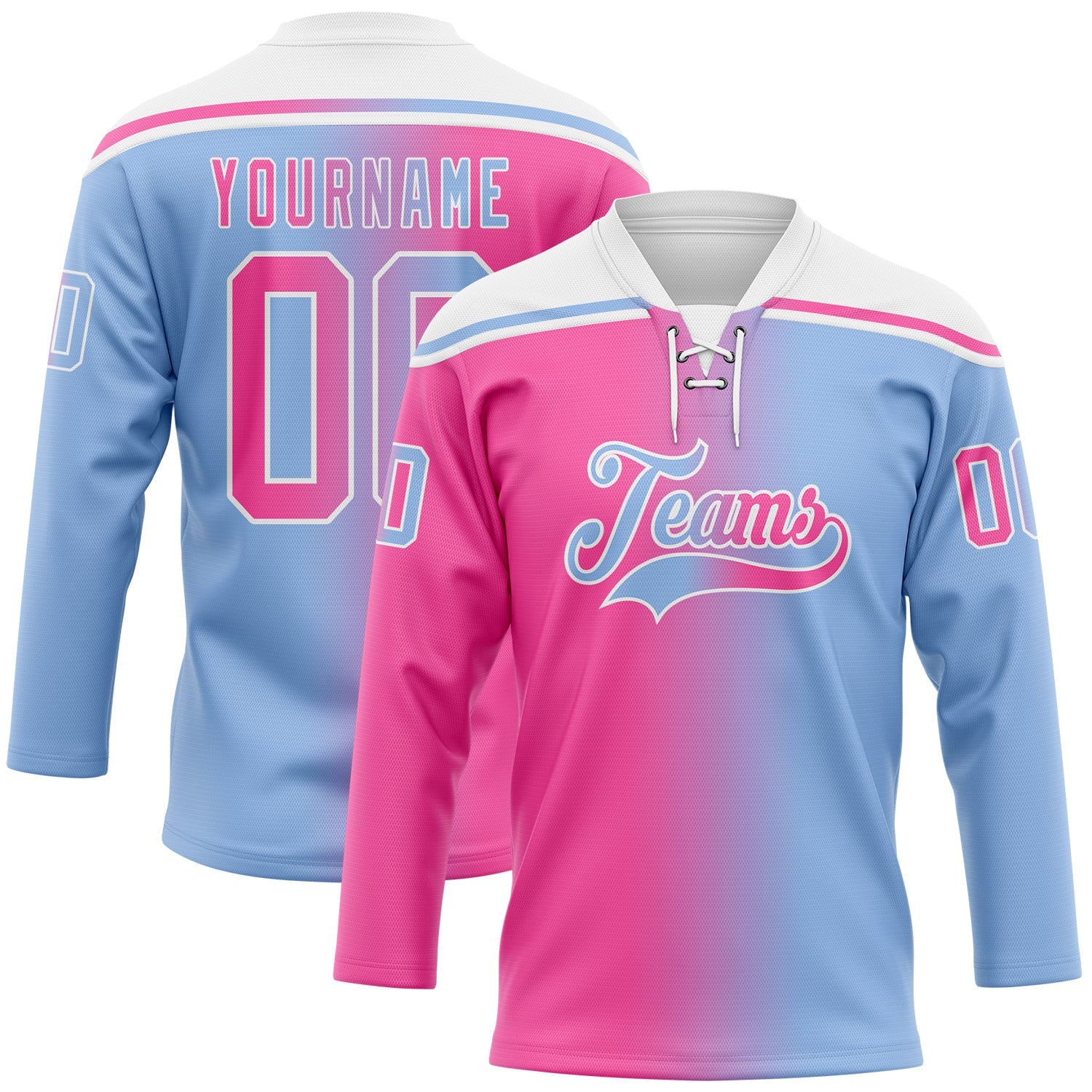 Custom Light Blue Pink-White Gradient Fashion Hockey Lace Neck Jersey - Main View