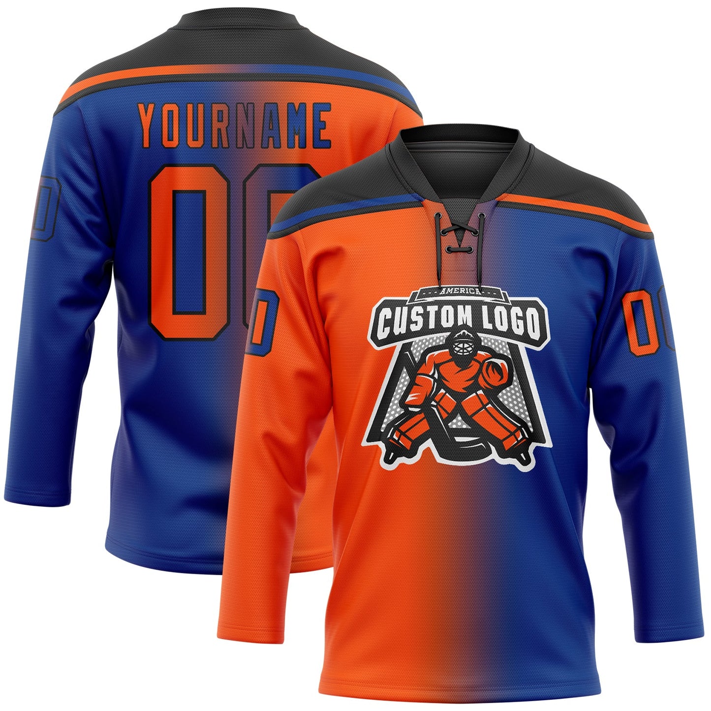 Custom Royal Orange-Black Gradient Fashion Hockey Lace Neck Jersey view 2