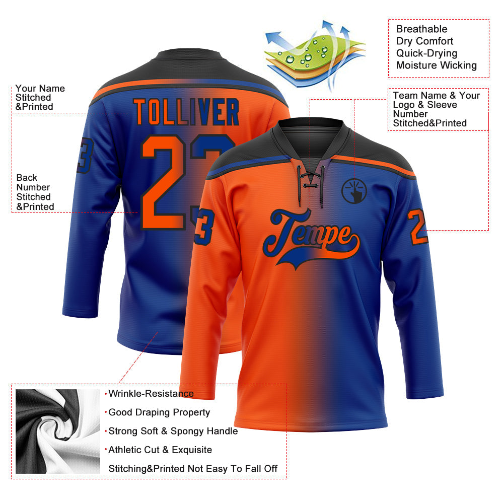 Custom Royal Orange-Black Gradient Fashion Hockey Lace Neck Jersey view 5
