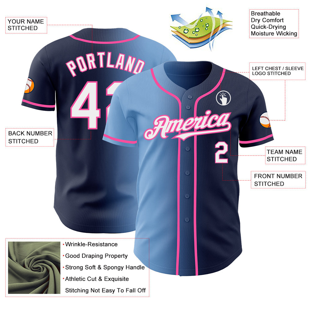 Custom Navy White Light Blue-Pink Authentic Gradient Fashion Baseball Jersey view 3