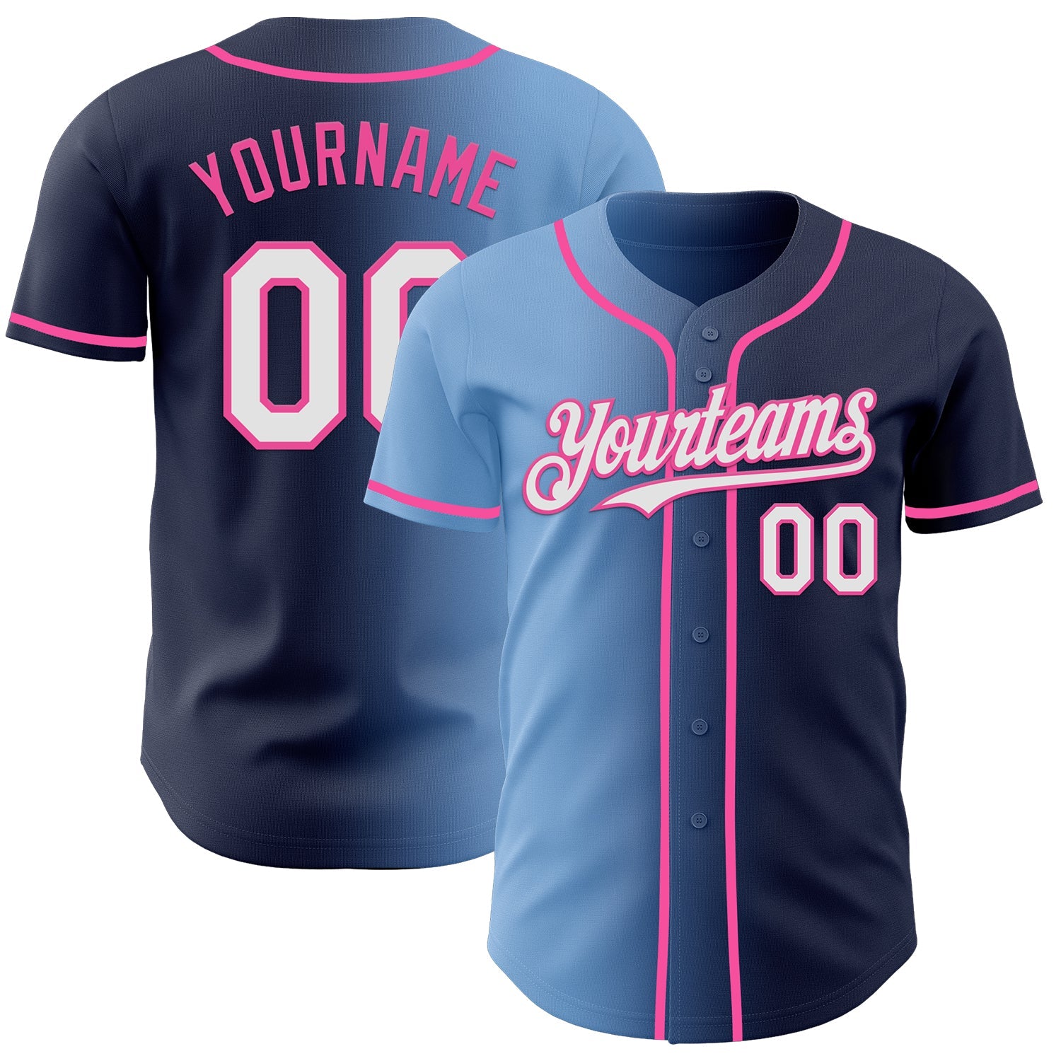 Custom Navy White Light Blue-Pink Authentic Gradient Fashion Baseball Jersey - Main View