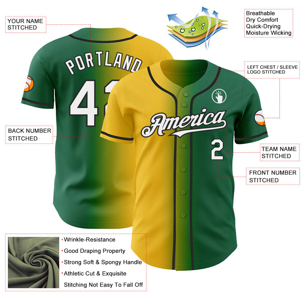 Custom Kelly Green White Yellow-Black Authentic Gradient Fashion Baseball Jersey view 3