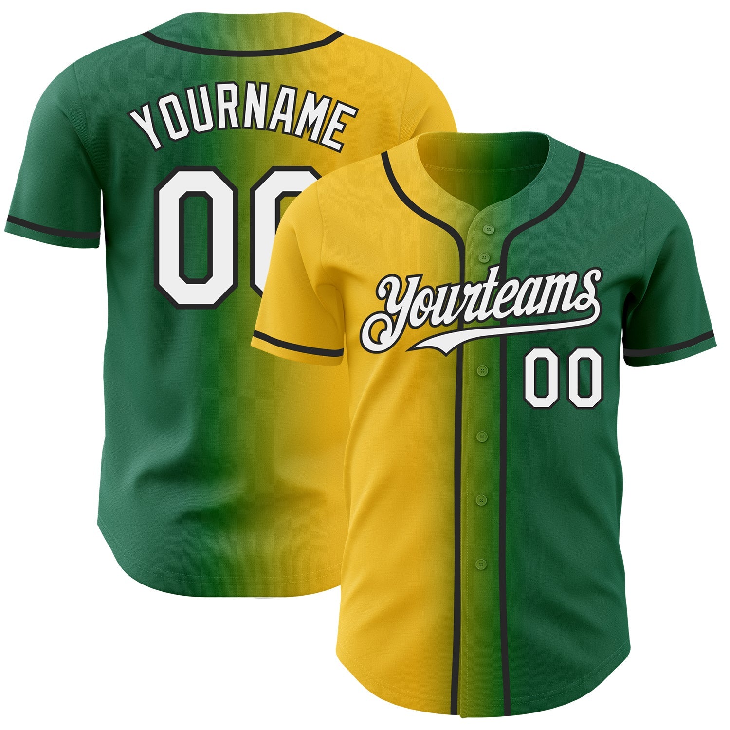 Custom Kelly Green White Yellow-Black Authentic Gradient Fashion Baseball Jersey - Main View