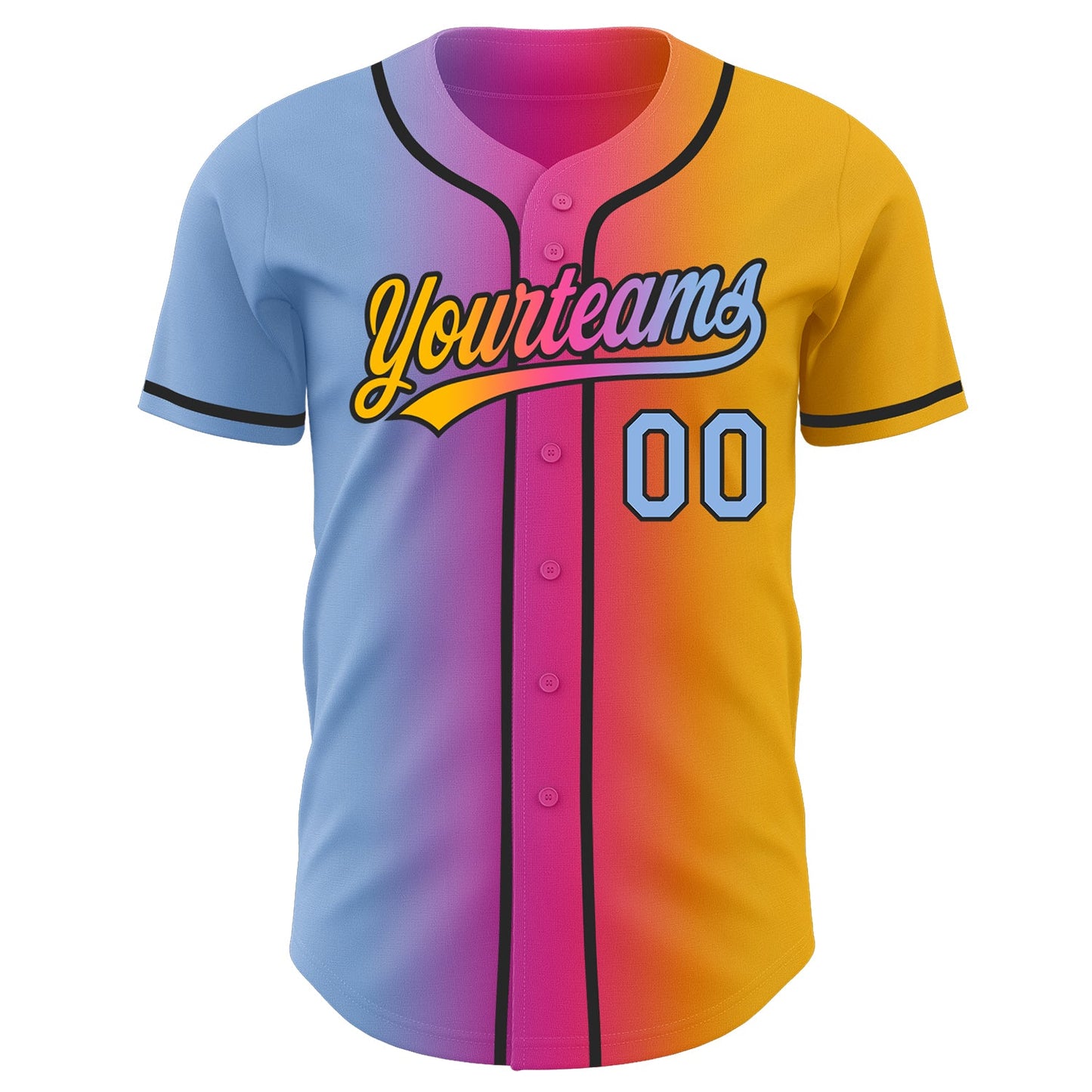 Custom Gold Light Blue Pink-Black Authentic Gradient Fashion Baseball Jersey view 3