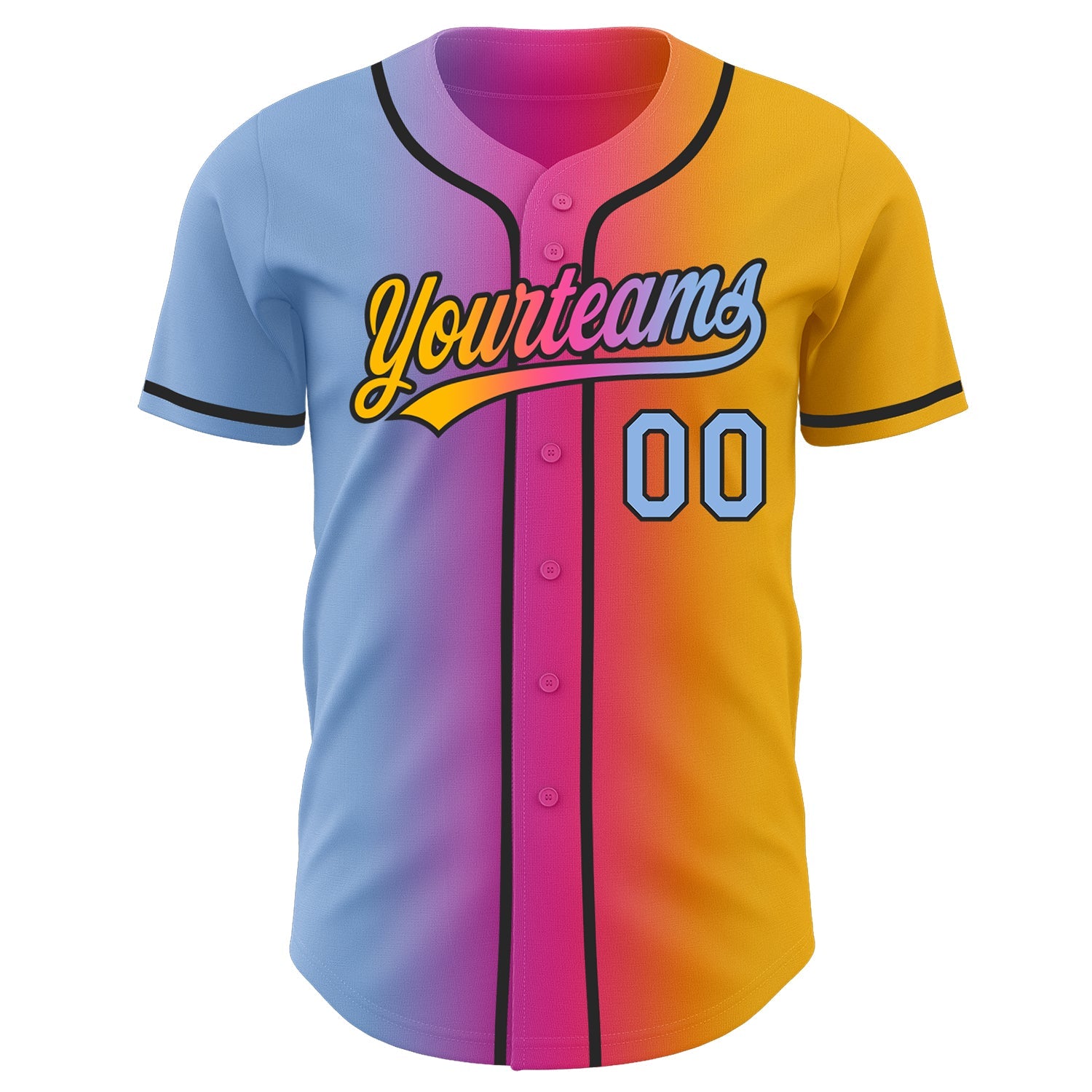 Custom Gold Light Blue Pink-Black Authentic Gradient Fashion Baseball Jersey view 3