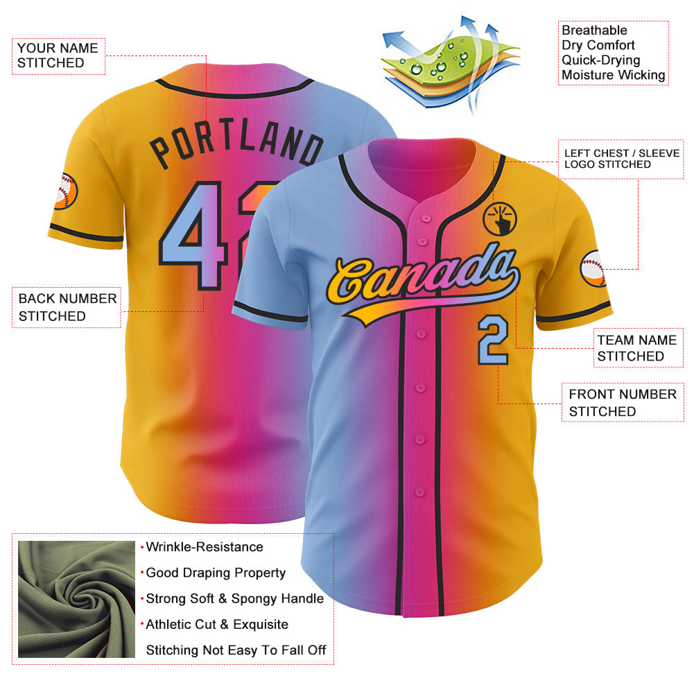 Custom Gold Light Blue Pink-Black Authentic Gradient Fashion Baseball Jersey view 4