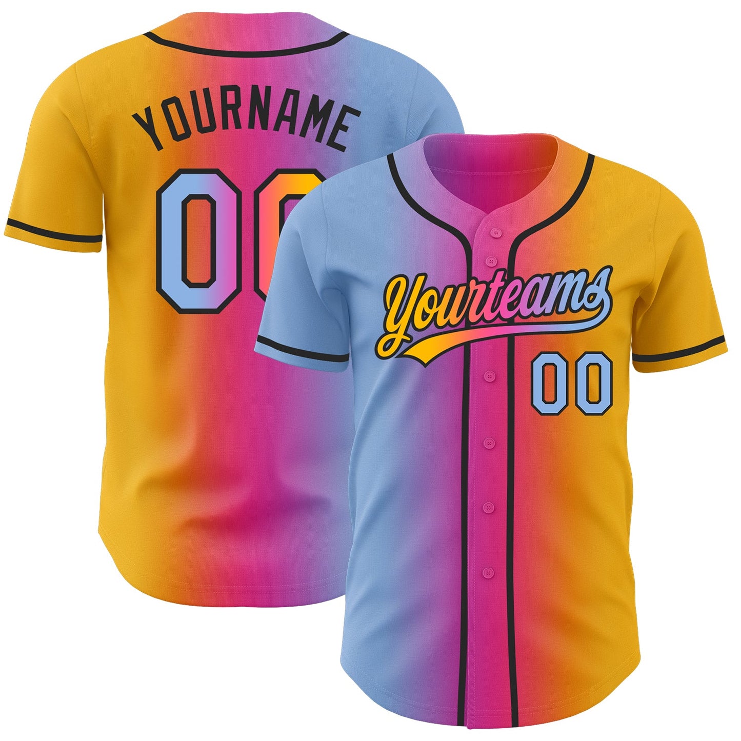 Custom Gold Light Blue Pink-Black Authentic Gradient Fashion Baseball Jersey - Main View