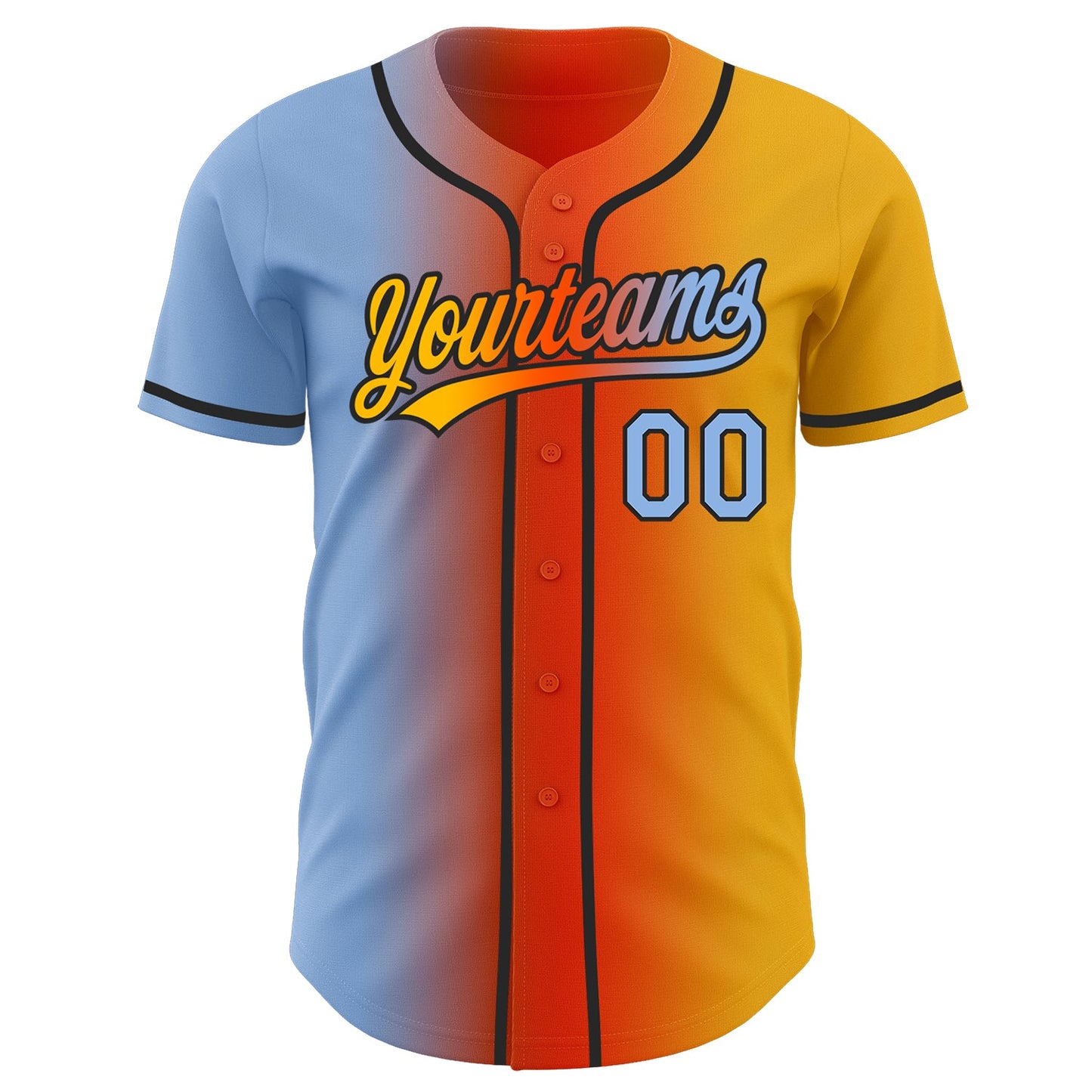 Custom Gold Light Blue Orange-Black Authentic Gradient Fashion Baseball Jersey view 3