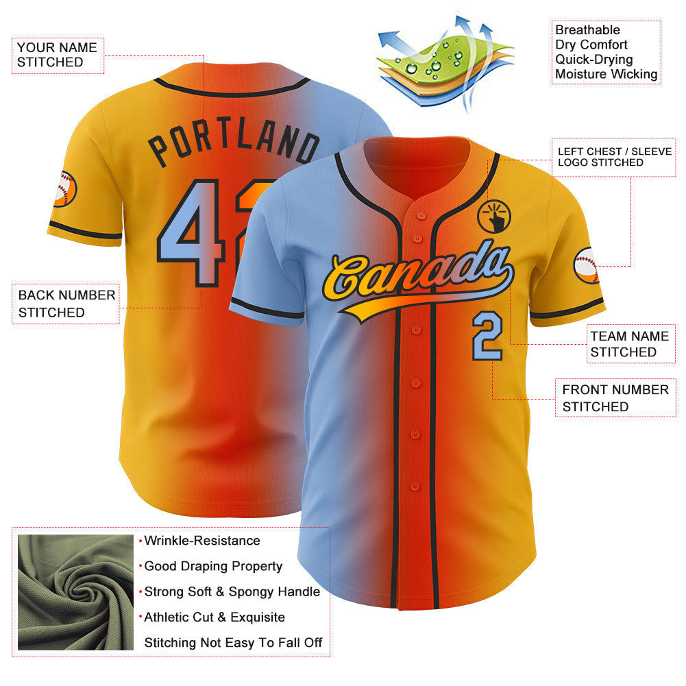 Custom Gold Light Blue Orange-Black Authentic Gradient Fashion Baseball Jersey view 4