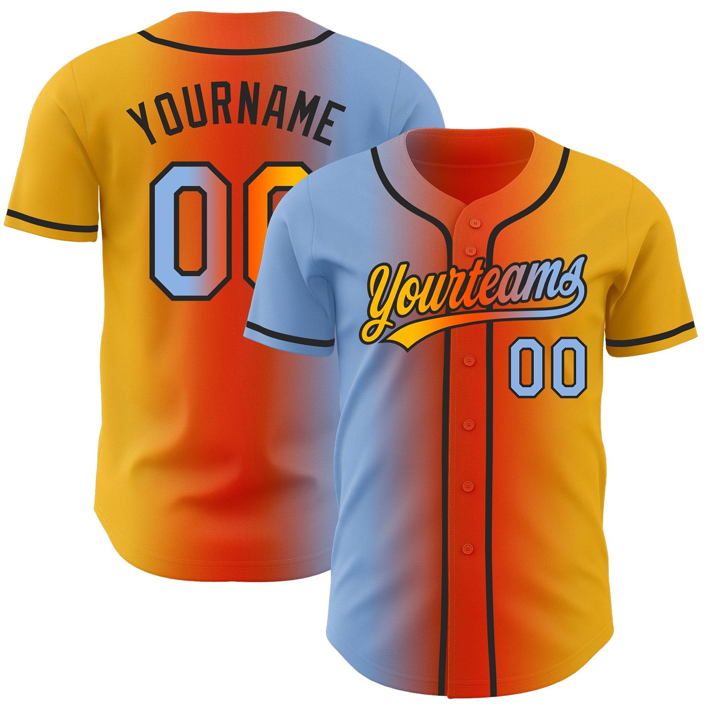 Custom Gold Light Blue Orange-Black Authentic Gradient Fashion Baseball Jersey - Main View