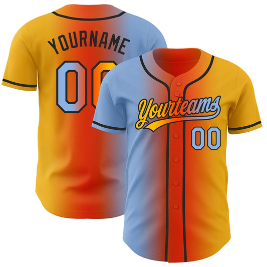 Custom Gold Light Blue Orange-Black Authentic Gradient Fashion Baseball Jersey - Main View