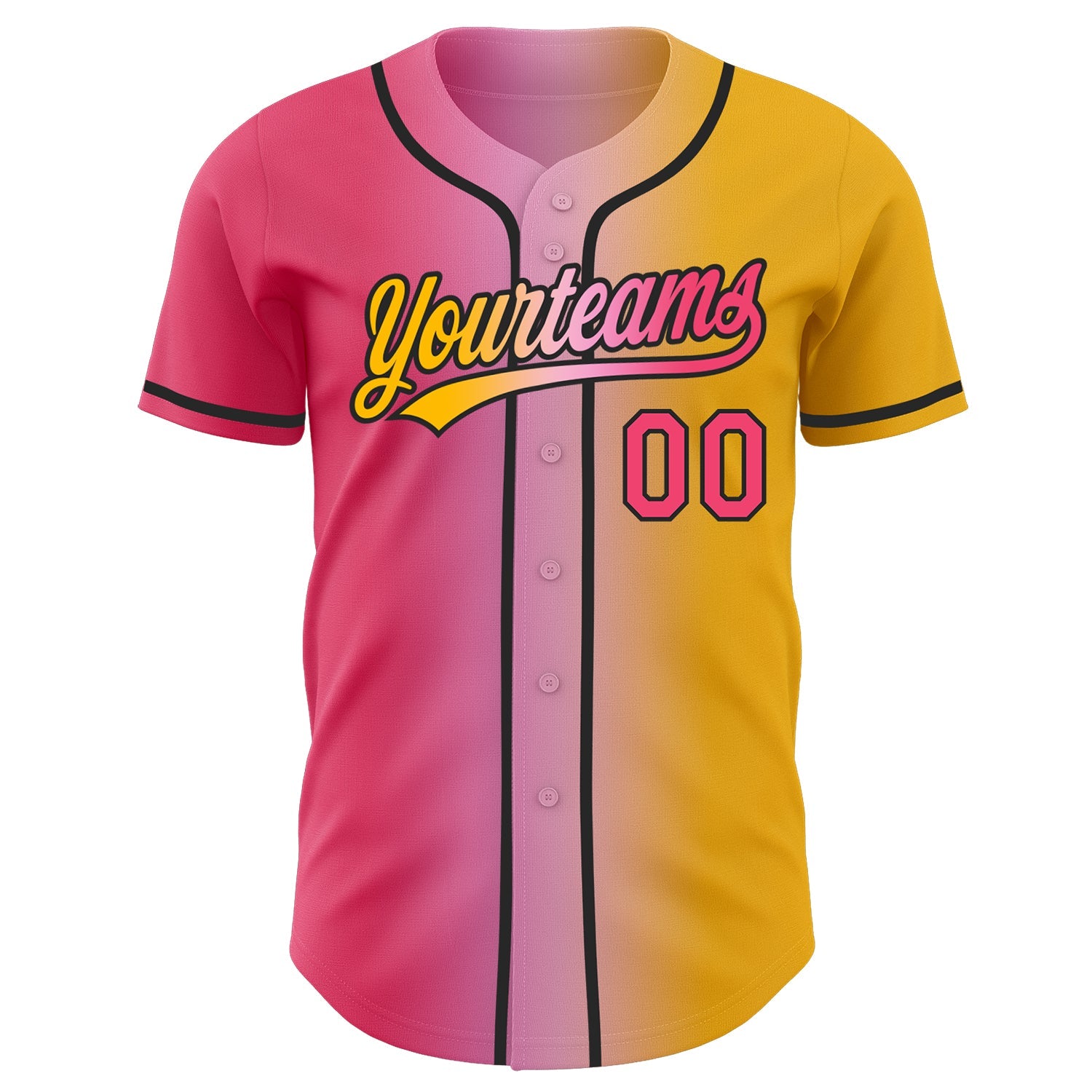 Custom Gold Neon Pink Light Pink-Black Authentic Gradient Fashion Baseball Jersey view 3