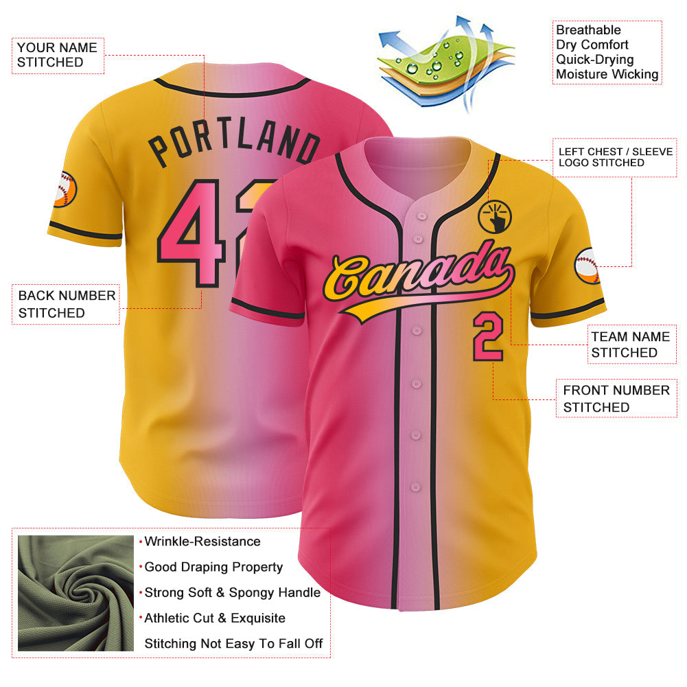 Custom Gold Neon Pink Light Pink-Black Authentic Gradient Fashion Baseball Jersey view 4