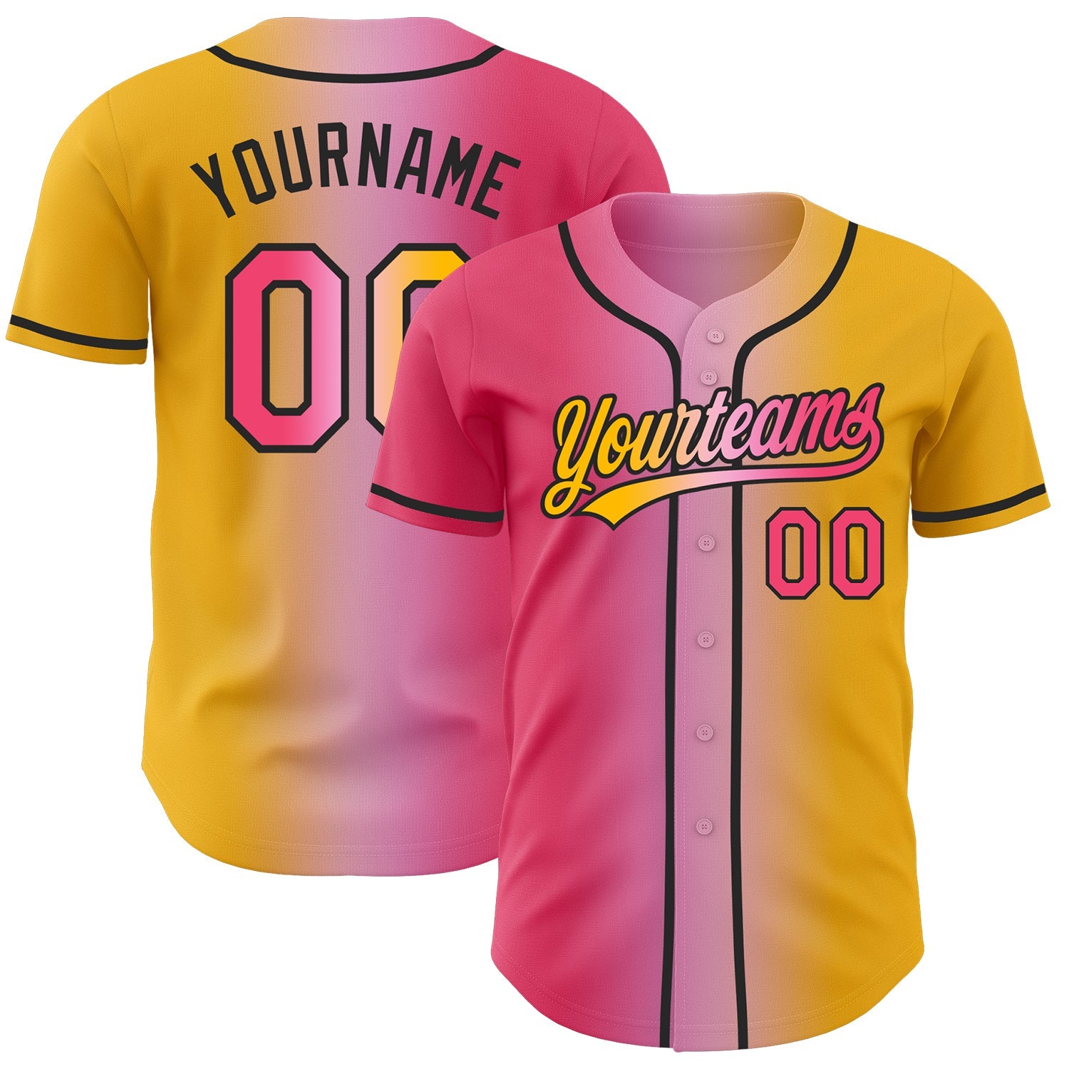 Custom Gold Neon Pink Light Pink-Black Authentic Gradient Fashion Baseball Jersey - Main View