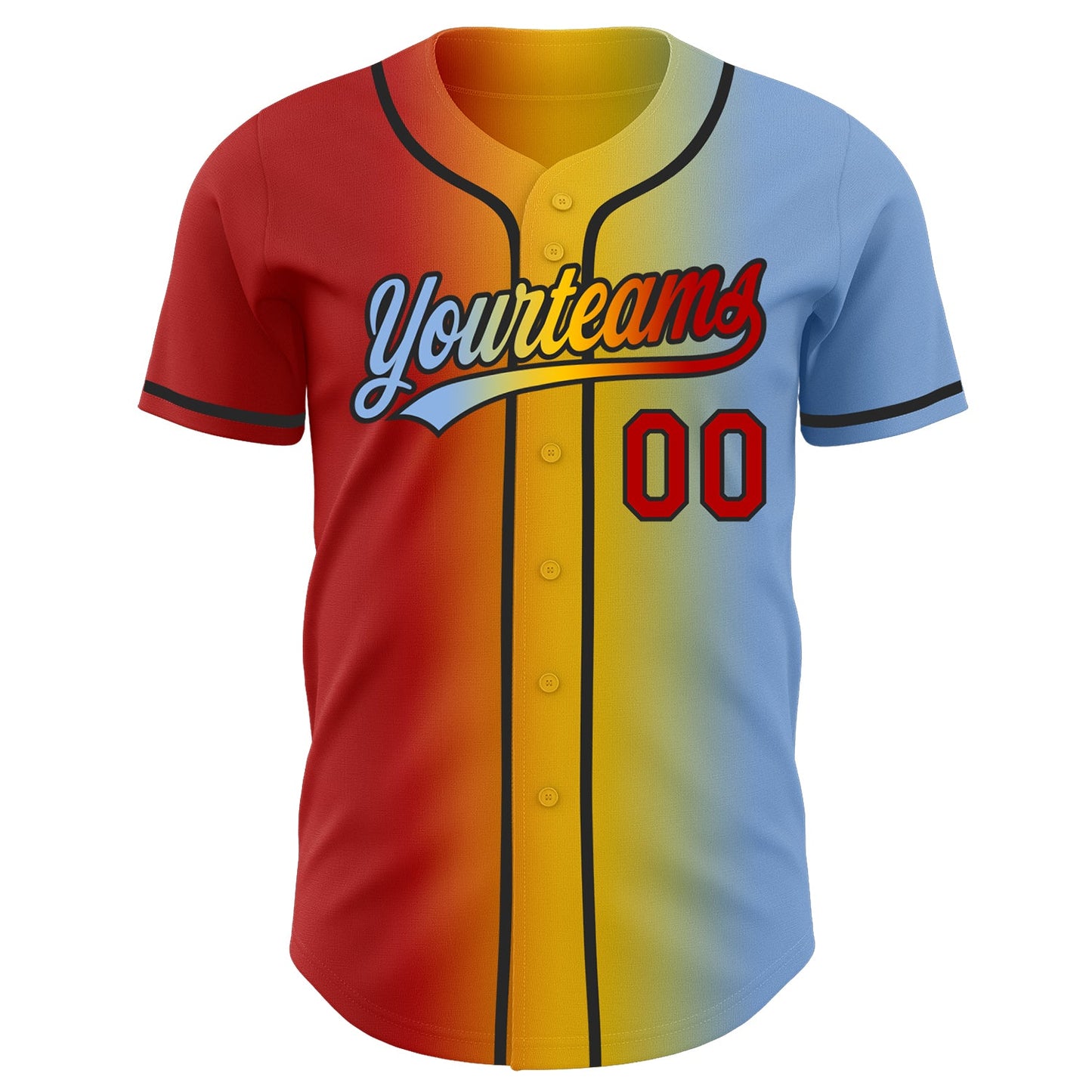 Custom Light Blue Red Yellow-Black Authentic Gradient Fashion Baseball Jersey view 3