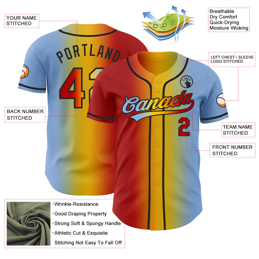 Custom Light Blue Red Yellow-Black Authentic Gradient Fashion Baseball Jersey view 4