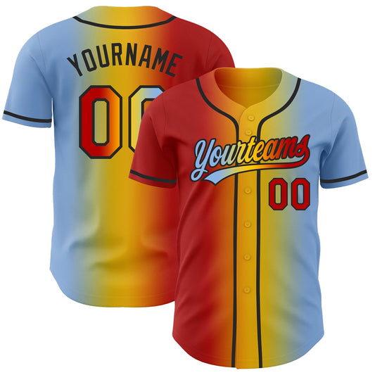 Custom Light Blue Red Yellow-Black Authentic Gradient Fashion Baseball Jersey - Main View