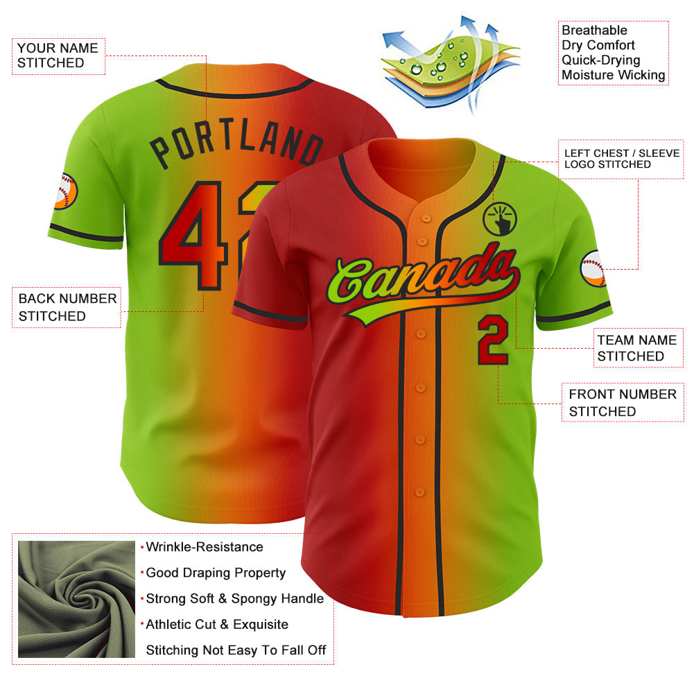 Custom Neon Green Red Bay Orange-Black Authentic Gradient Fashion Baseball Jersey view 4