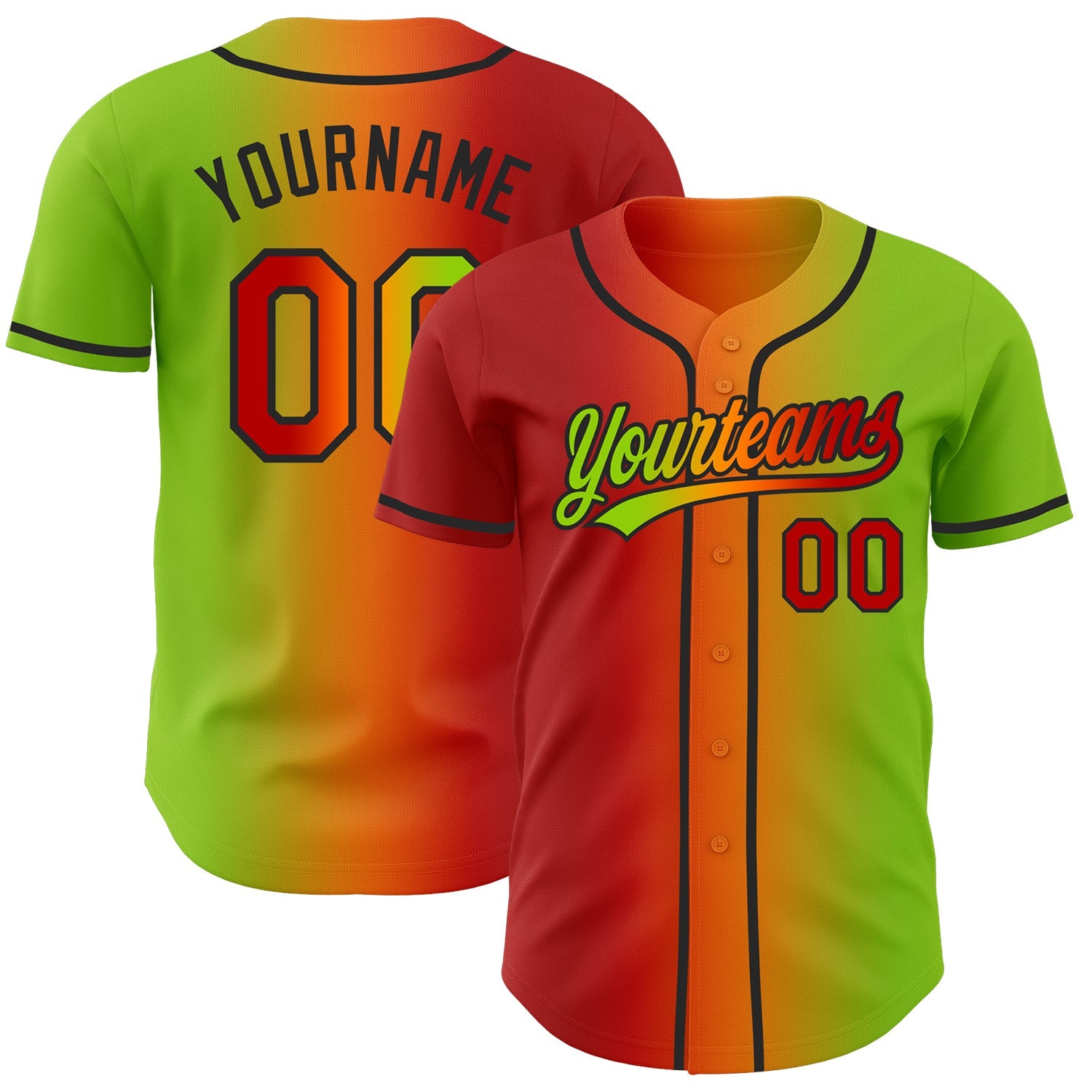 Custom Neon Green Red Bay Orange-Black Authentic Gradient Fashion Baseball Jersey - Main View
