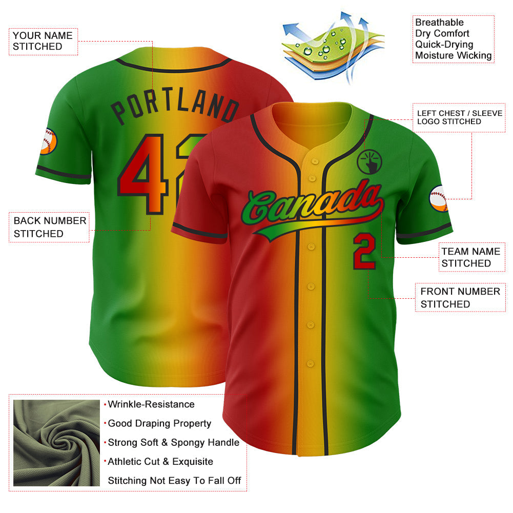 Custom Grass Green Red Yellow-Black Authentic Gradient Fashion Baseball Jersey view 4