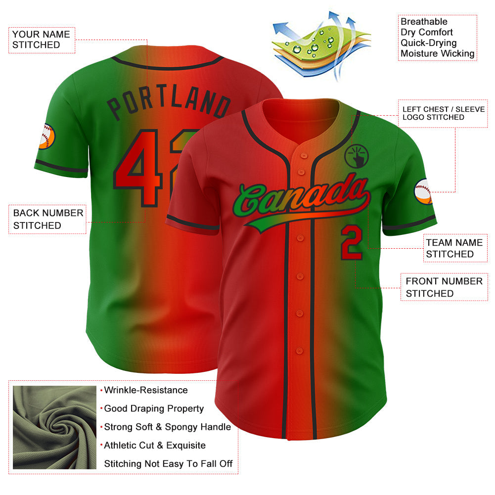 Custom Grass Green Red Orange-Black Authentic Gradient Fashion Baseball Jersey view 4