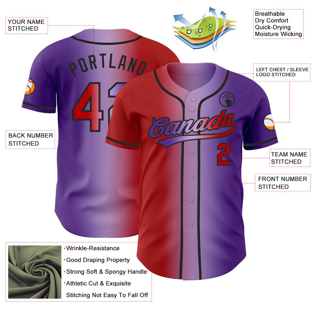Custom Purple Red Light Purple-Black Authentic Gradient Fashion Baseball Jersey view 4