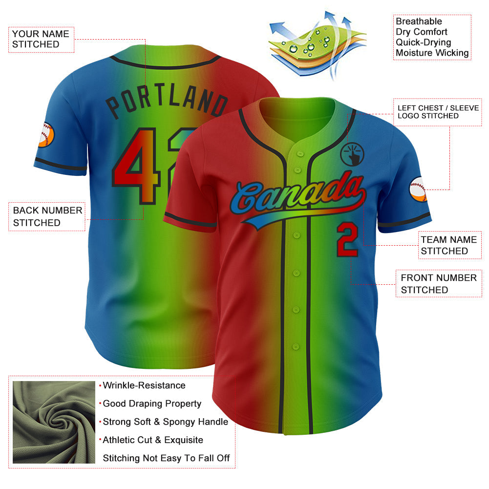 Custom Blue Red Neon Green-Black Authentic Gradient Fashion Baseball Jersey view 4