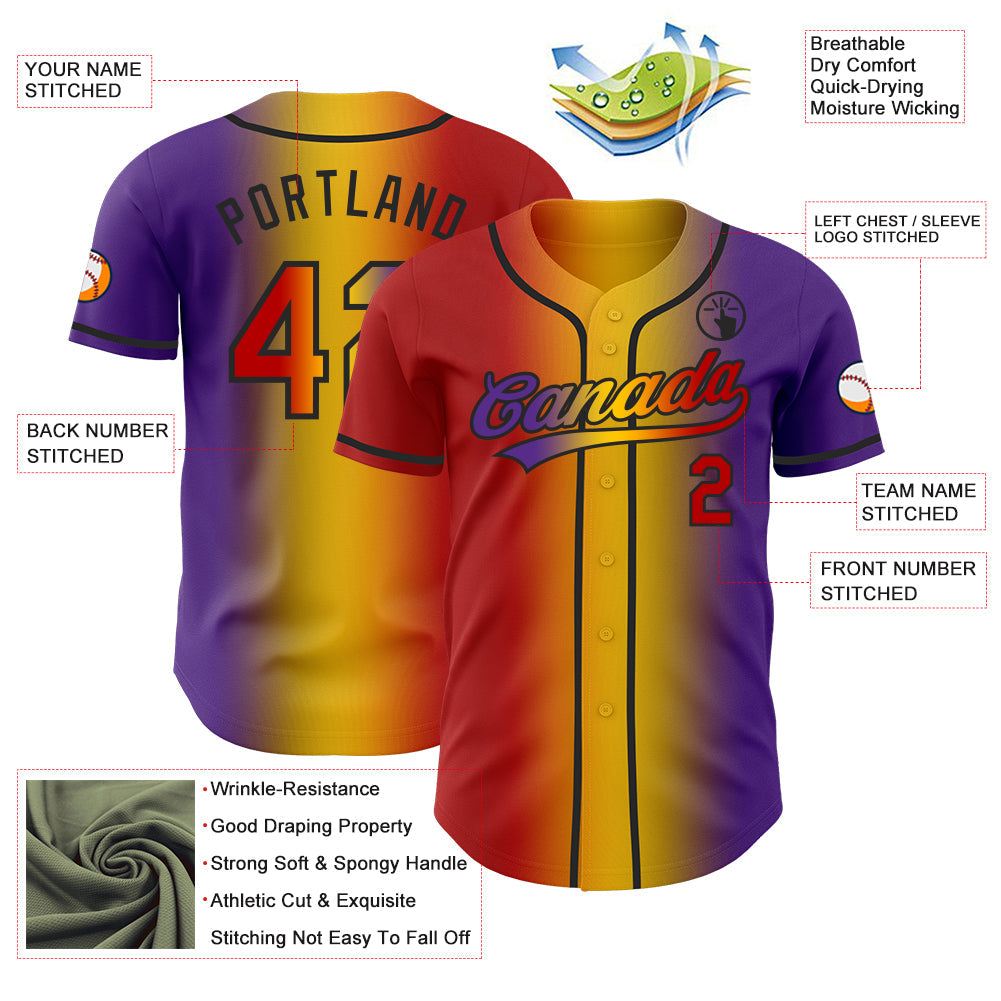 Custom Purple Red Yellow-Black Authentic Gradient Fashion Baseball Jersey view 4