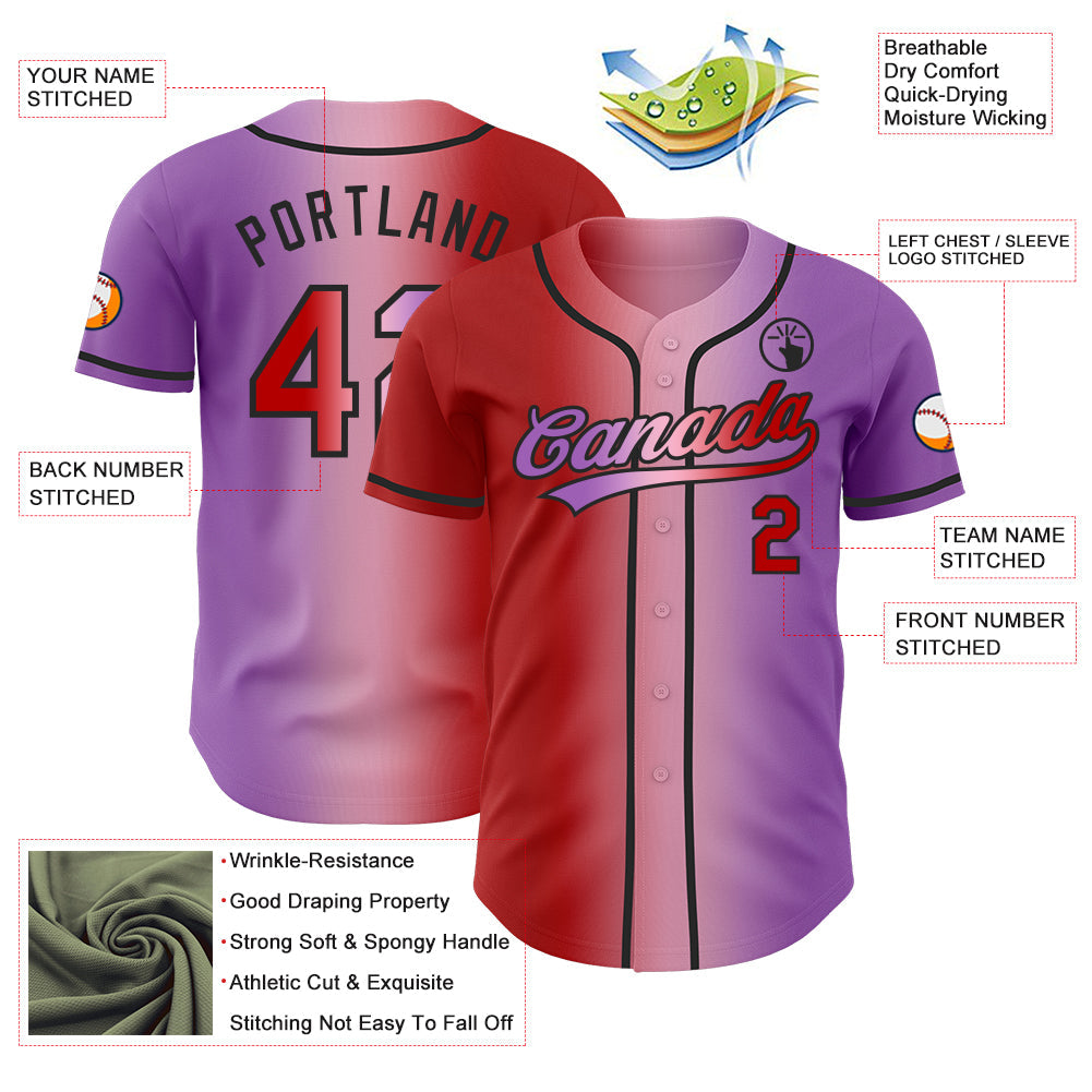 Custom Medium Purple Red Light Pink-Black Authentic Gradient Fashion Baseball Jersey view 4