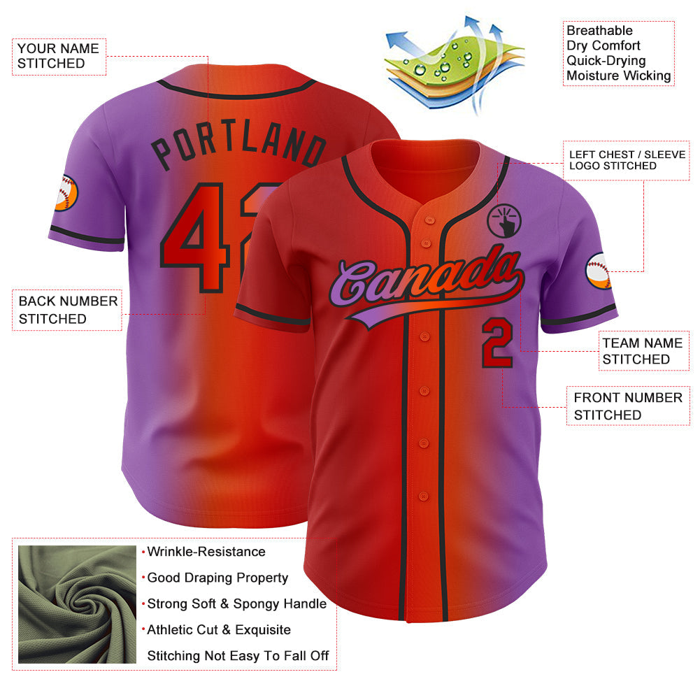 Custom Medium Purple Red Orange-Black Authentic Gradient Fashion Baseball Jersey view 4