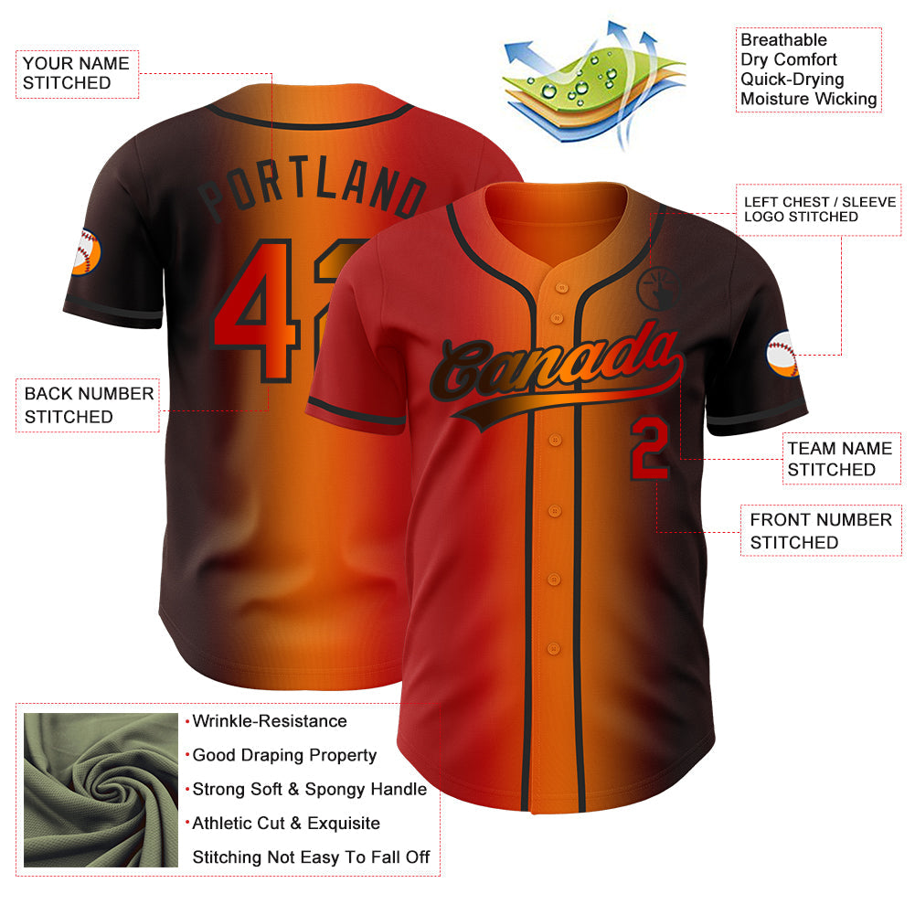 Custom Brown Red Bay Orange-Black Authentic Gradient Fashion Baseball Jersey view 4